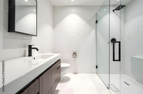 Wallpaper Mural Modern minimalist bathroom with a walk-in shower, white walls and black accents in the plumbing. Torontodigital.ca