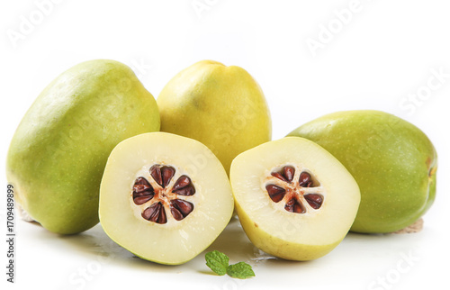 Photos Fresh Green Papayas Cut Half White Flesh Seeds Yunnan Tropical Fruit Exhibition