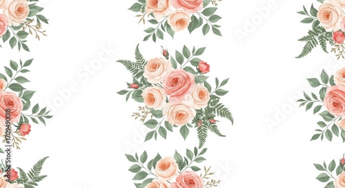 Watercolor Floral Pattern with Roses and Greenery on White Background.