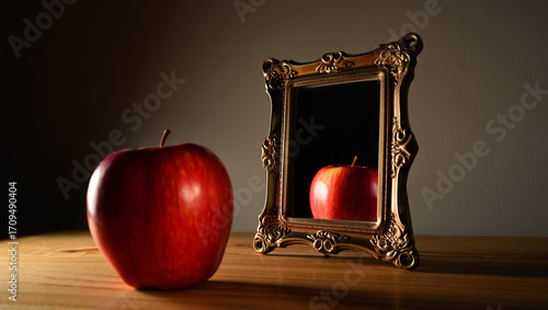 A beautiful apple reflects its perfection in an ornate mirror, a symbol of self-reflection and inner beauty.
