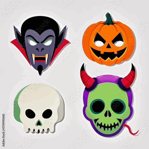 Four Halloween costume masks: vampire, pumpkin, skull, devil.