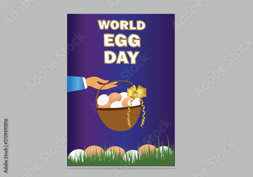 Vector world egg day concept. A pair of eggs in hand. Egg Nutrition, Freshness, and Global Food Appreciation. Egg, tag, vegetables, foods graphics elements design for flyer poster banner.