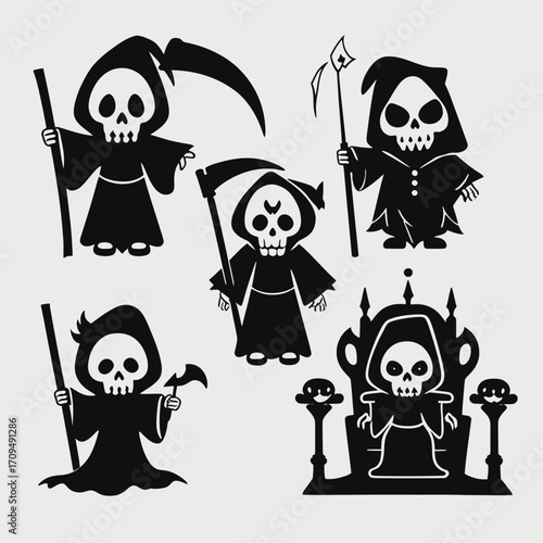 A collection of stylized, cartoon grim reapers in various poses, some holding scythes and one seated on a throne, all depicted in black silhouette against a light background.