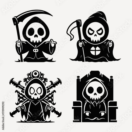 Four stylized black and white cartoon Grim Reaper characters, some with scythes, some on ornate thrones.