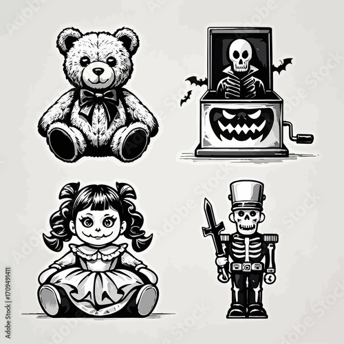 Four unsettling vintage-style toys including a creepy teddy bear, a skeleton jack-in-the-box, an eerie doll, and a skeleton nutcracker soldier.