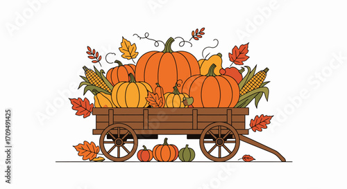 Autumn Harvest Pumpkins in a Rustic Wooden Wagon with Fall Leaves and Gourd Decorations, Perfect for Thanksgiving, Fall Festival, Autumn Decoration, Seasonal Market, and Harvest Celebration Visuals