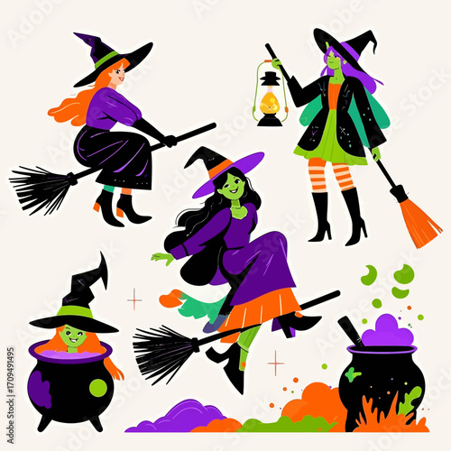 A collection of cheerful cartoon witches flying on brooms and brewing potions in bubbling cauldrons for Halloween.
