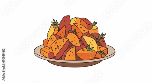 Colorful Roasted Sweet Potatoes and Yams Assorted on a Ceramic Plate, Fresh Healthy Vegetarian Side Dish with Vibrant Natural Colors, Ideal for Cooking, Nutrition, and Food Presentation Photographs