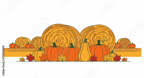 Decorative Autumn Harvest Scene with Bright Pumpkins, Gourds, and Fall Leaves on a Rustic Wooden Surface, Perfect for Thanksgiving, Fall Festivals, and Seasonal Celebrations