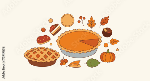Delicious Autumn Pie Collection Featuring Classic Pumpkin Pie, Lattice Apple Pie, Mini Fruit Tarts, Seasonal Decorations, and Festive Fall Sweets Perfect for Thanksgiving Celebrations and Holiday