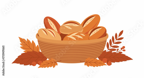 Delicious Fresh Bread Rolls in a Wicker Basket with Autumn Leaves, Perfect for Gourmet Food, Bakery Advertising, Fall Seasonal Promotions, and Culinary Content