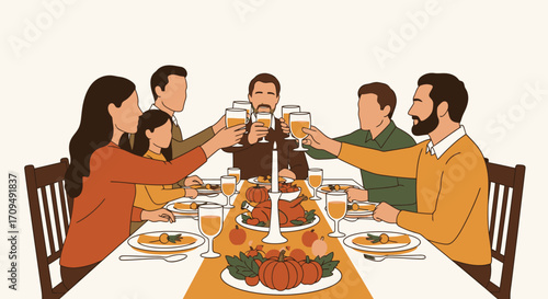 Family Holiday Dinner Celebration with Toasting, Autumn Decor, andFestive Food on a Long Dining Table for Special Occasion Gathering