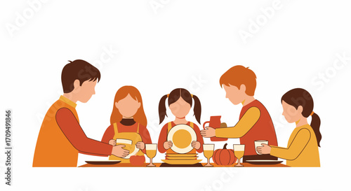 Family Enjoying a Nutritious Breakfast Together at the Kitchen Table, Kids Serving Healthy Food Including Fruit, Yogurt, and Juice in a Cozy, Happy Home Environment, Emphasizing Wellness and Family