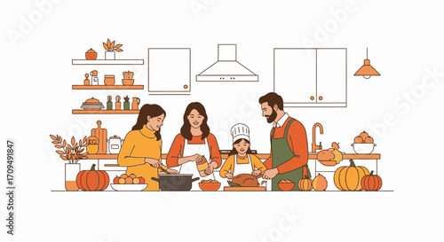 Family Cooking Together in Modern Kitchen with Pumpkin Decor, Preparing Seasonal Autumn Meal, Including Kids and Adults Engaging in Culinary Activity, Warm Cozy Atmosphere, Digital Illustration