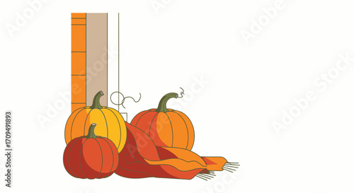 Festive Autumn Composition with Vibrant Pumpkins and Cozy Scarf Placed Near a Brick Fireplace Mantel, Creating a Warm and Inviting Seasonal Decoration for Thanksgiving, Fall Celebrations, and Home