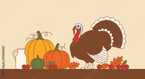 Festive Thanksgiving Dinner Table Scene with Pumpkins and Turkey for Harvest Celebration, Autumn Feast, Seasonal Holiday Meal, Rustic Decor, Family Gathering, Traditional Holiday Tradition