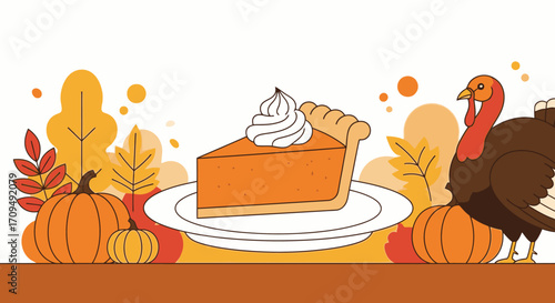Festive Thanksgiving Pumpkin Pie Dessert with Whipped Cream and Autumn Decorations Featuring Pumpkins, Fall Leaves, and a Turkey for Holiday Celebration, Seasonal Food, and Autumnal Festivities