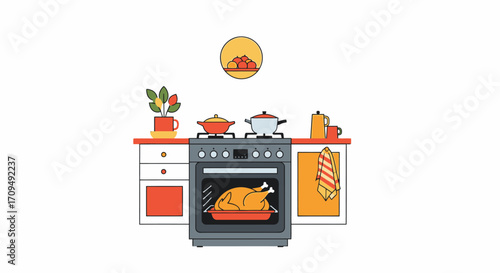 Modern Minimalist Kitchen Scene with Cooking Utensils and Accessories, Featuring a Stylish Stove with a Roasting Chicken, Potted Plants, and Kitchen Towel, Perfect for Culinary, Home Cooking, and
