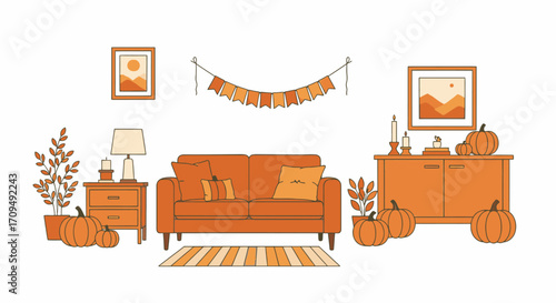 Warm Cozy Fall Home Decor Scene with Autumn Pumpkins and Elegant Furniture Arrangement Featuring a Rustic Living Room with Framed Artwork and Decorative Elements for Seasonal Celebrations and