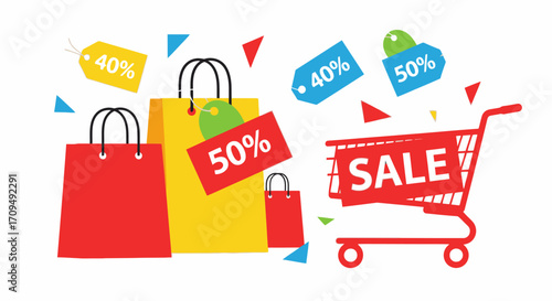 Bright Colorful Shopping Bags and a Red Shopping Cart with Sale Tags Featuring 40% and 50% Discount Labels, Perfect for Retail Promotions, Black Friday, and Holiday Sale Campaigns