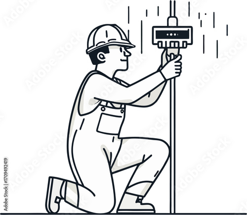 Worker in hard hat aligns equipment on pipe. Perfect for illustrating construction, manufacturing, engineering, maintenance, or industrial themes.