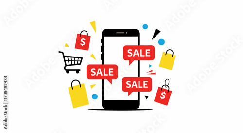 Digital Shopping and Online Sale Concept with Smartphone, Shopping Cart, Discount Tags, and Shopping Bags for E-commerce Promotions and Mobile Retail Marketing Campaigns