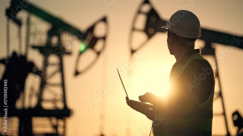 Engineer inspecting oil field with laptop, silhouette of worker near pumpjack at sunset, engineer and worker monitor energy production and petroleum extraction in industry setting with helmet and vest