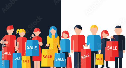 Diverse Group of People Shopping at a Sale Event with Colorful Bags and Promotional Signage, Highlighting Retail Shopping, Consumer Culture, Bargain Hunting, and Market Promotion Strategies
