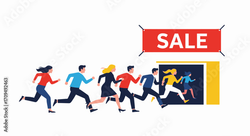 Dynamic Business People Running Towards Discount Sale Banner for Marketing Campaigns and Promotional Events in a Modern Retail Environment with Excitement and Urgency