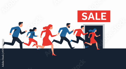 Dynamic Businesspeople Running Towards a Large Sale Sign and Entrance Door Illustration, Commercial Success, Shopping, Retail Promotion, Teamwork, Motivational, Corporate Strategy, Growth Concept