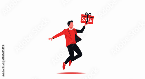 Dynamic Business Person Jumping with a Sale Sign, Celebrating a Discount Event, Expressing Excitement and Success in a Modern Commercial Context, Vibrant Marketing Campaign Image