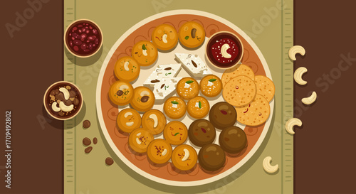 This flat design illustration showcases a tempting array of traditional Indian sweets and savory snacks, central to Diwali festivities.