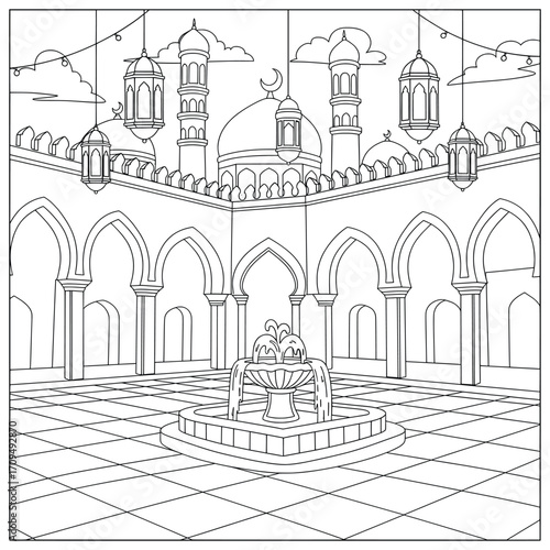 Mosque vector illustration with courtyard arches decorative fountain domes minarets and lanterns hanging under cloudy sky created in black and white line art style