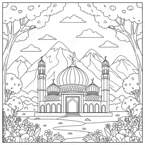 Mosque vector illustration with domes minarets mountain landscape trees and flowers in foreground under cloudy sky created in decorative black and white line art style