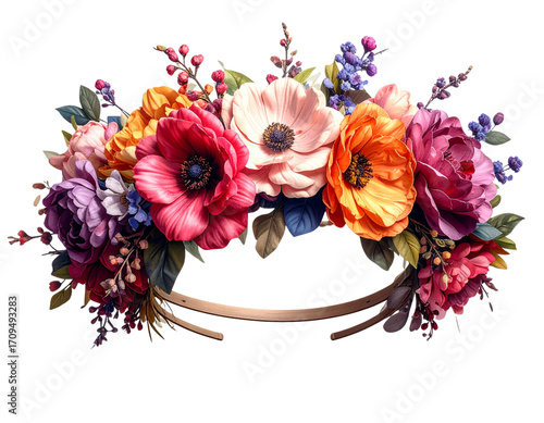 Flower crown on transparent background, floral headband head, flower hair wreath, png