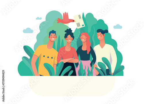 E-commerce information vector graphic A group of people interacting outdoors, on a light background with green elements
