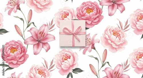 Pink Flowers and Gift Box Watercolor Illustration on White Background.