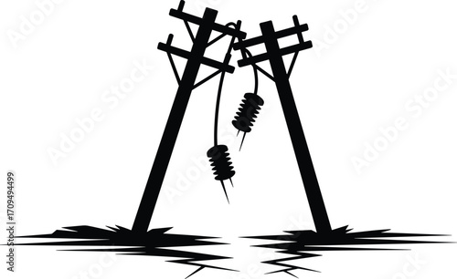 Broken utility poles, earthquake damage, storm destruction, cracked ground, damaged electrical insulators, disaster aftermath, infrastructure collapse, power outage, natural disaster