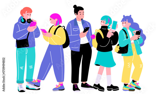 ポップでカラフルなZ世代の若者　スマートフォンを持つ人々のイラスト