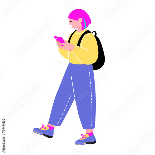 ポップでカラフルなZ世代の若者　スマートフォンを持つ女性のイラスト