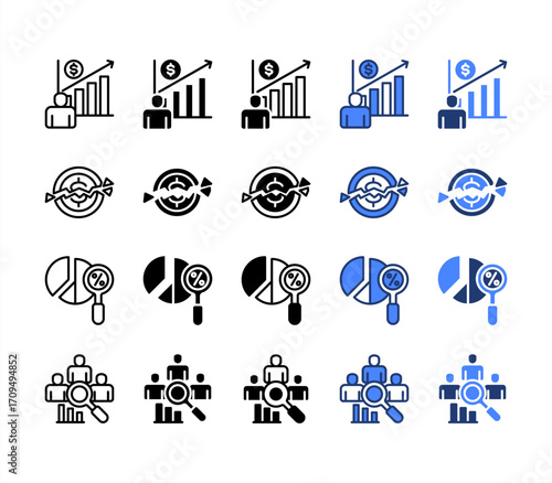 Personal development, Disruption, Market share, Competitive analysis., multiple style icon set.