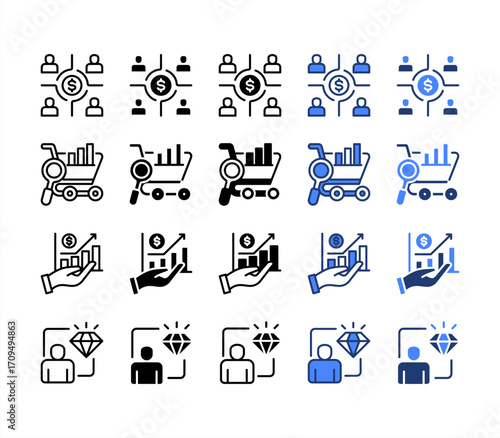 Customer, Sales analytics, Investment, Value chain, multiple style icon set.
