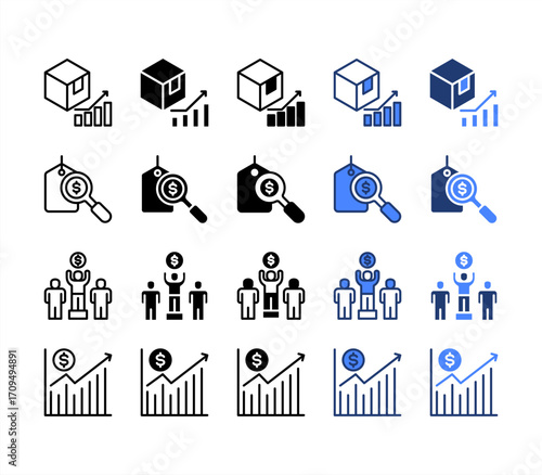 Product development, Price, Competition, Market growth, multiple style icon set.