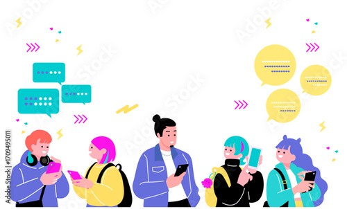 ポップでカラフルなZ世代の若者　スマートフォンを持つ人々のイラスト