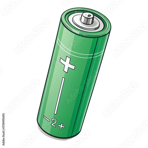 A green battery with plus and minus signs on it against a black background in a cartoon style image