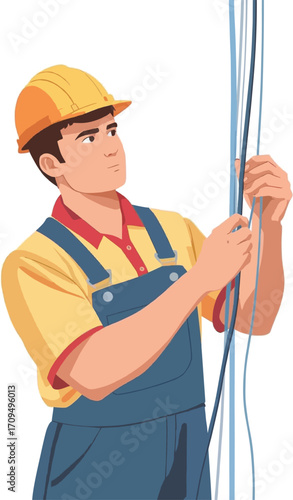 Electrician in overalls and yellow hard hat inspects wiring. Suitable for electrical safety guides and construction brochures.