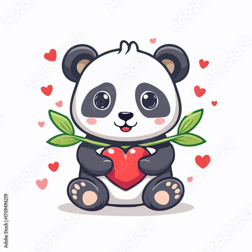 Adorable panda cub hugs red heart, surrounded by cute floating hearts, perfect for Valentine's Day
