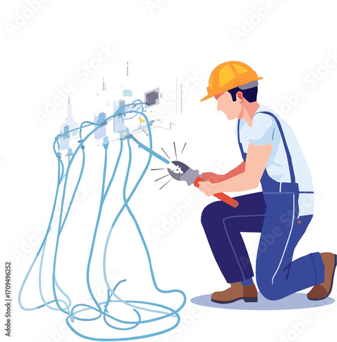 Electrician in work clothes, yellow hardhat, repairing wiring. Suitable for construction, maintenance, electrical services, workwear, and industrial themes.