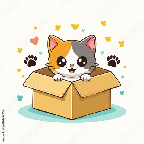 Adorable calico kitten peeking happily from a cardboard box surrounded by playful hearts and paw prints