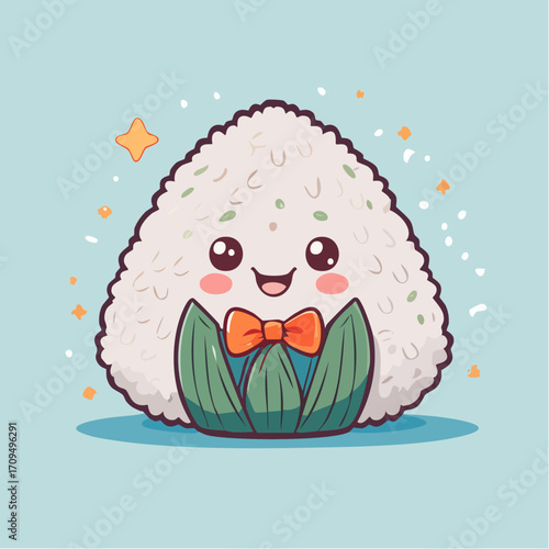 Adorable happy rice ball character with bow tie and leaves, perfect for food branding and cute designs